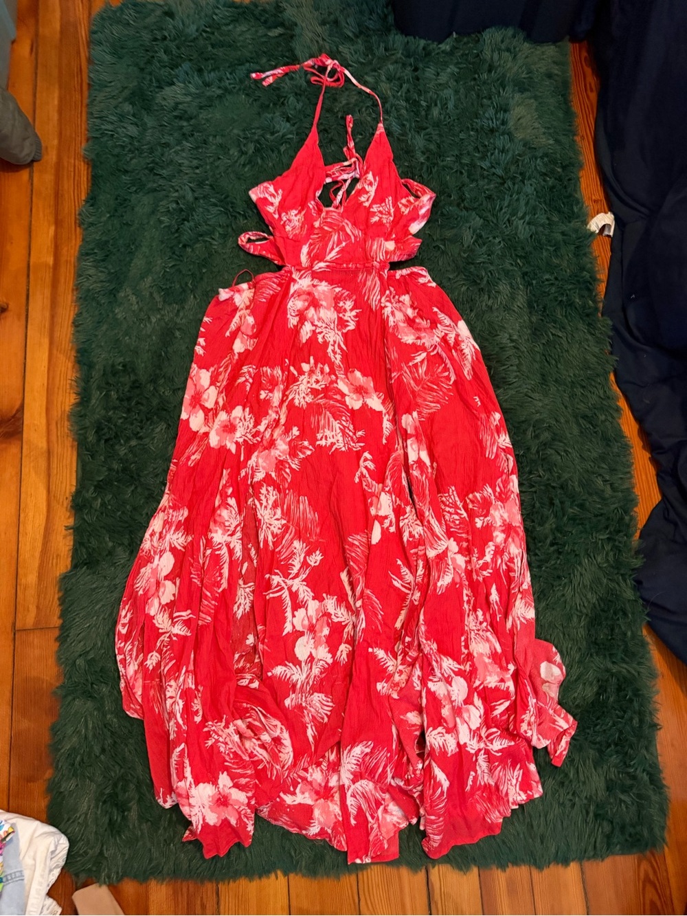 Free People Raspberry Pink Red Tropical Cutout Maxi Dress Size L - Picture 6 of 7